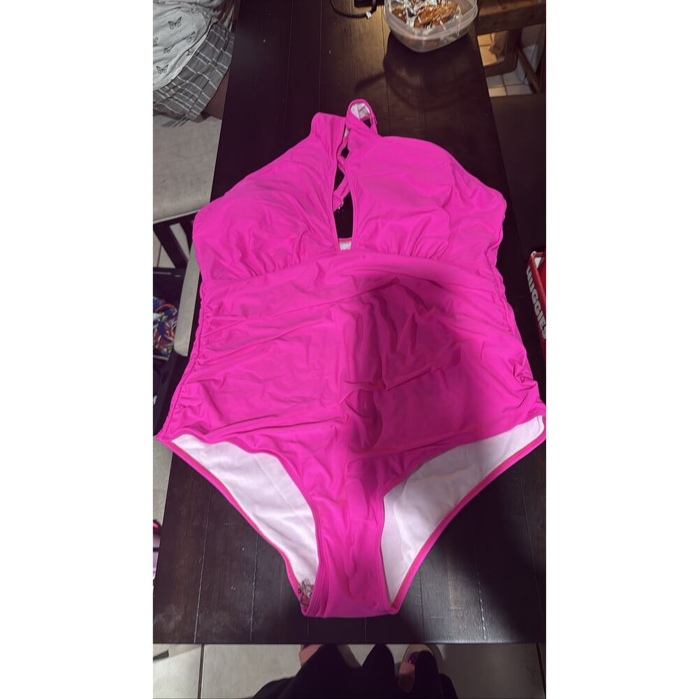 Women's Hot Pink Halter One Piece Swimsuit Tummy Control Ruched 22w